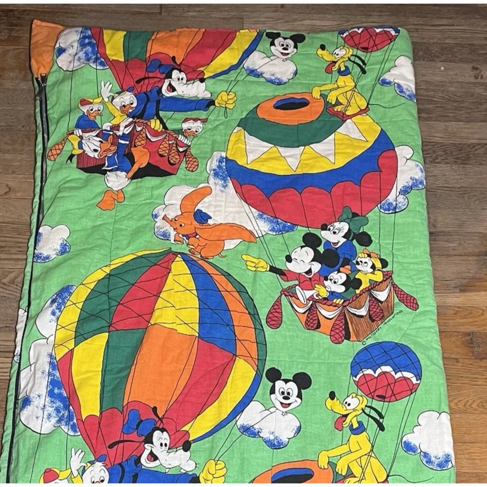 Vintage Disney Sleeping Bag Mickey Minnie Mouse Goofy Hot Air Balloon 32x60